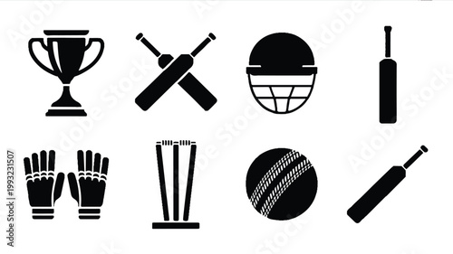 A set of black and white cricket icons including trophy, bats, helmet, ball, gloves, and stumps