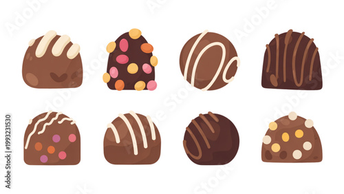 A vector graphic illustration of eight chocolate candies with various toppings on a transparent background