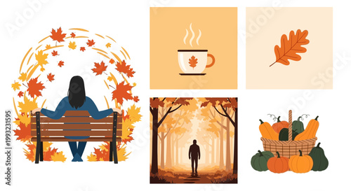 Flat design vector illustration of autumn foliage gathering around a person enjoying peaceful outdoor lifestyle in warm sunlight