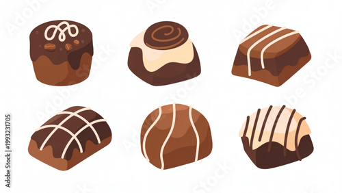 A vector graphic illustration of six different types of chocolate pastries on transparent background