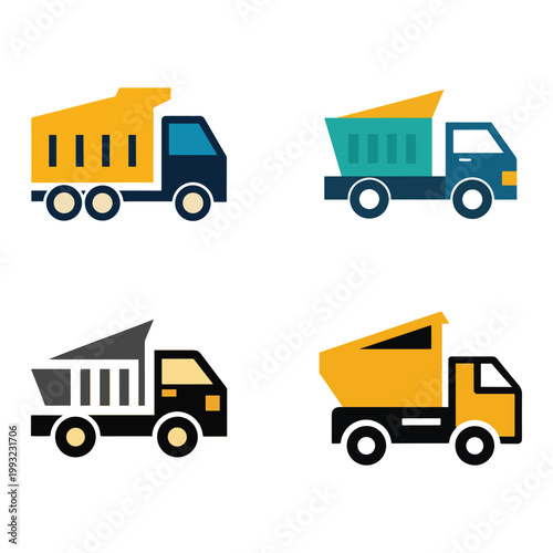 Flat design dump trucks in different colors and styles  construction vehicles