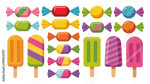 A colorful illustration of various candies and ice cream pops on transparent background