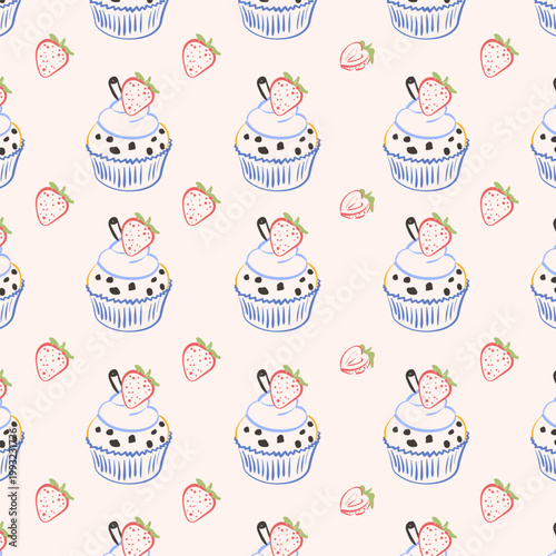 Hand drawn doodle cupcake with strawberry seamless pattern. Line illustration of muffin for cafe menu, packaging and food design.