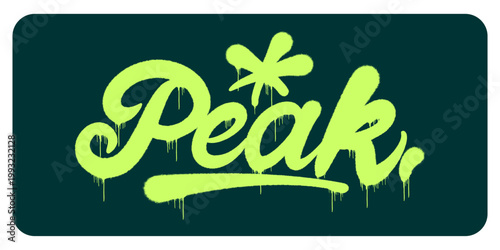 Bold urban graffiti tag style illustration of the word Peak. Street art hand style lettering with an accent star, representing mountain summits, landscape nature, and high altitude.