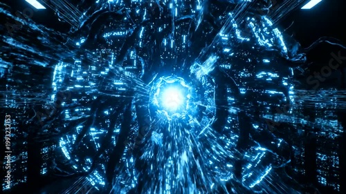 Futuristic digital core energy sphere inside a high tech server room environment.