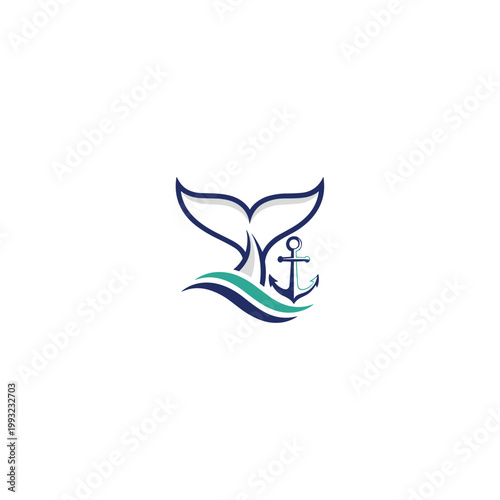 Whale tail and anchor with ocean waves logo design