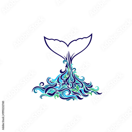 Whale tail diving into artistic blue and green ocean waves