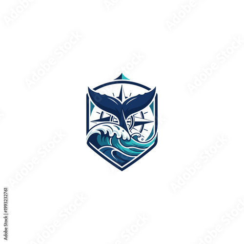 Whale tail diving into ocean waves with a compass rose design inside a shield emblem