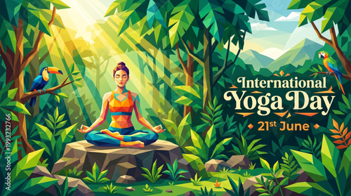 Nature meditation yoga scene in tropical forest with sunlight and wildlife elements reflecting international yoga day wellness concept for poster banner design