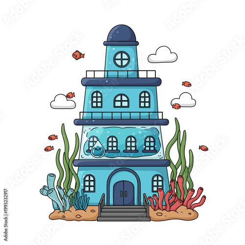Whimsical cartoon blue building as an underwater house with fish and marine plants