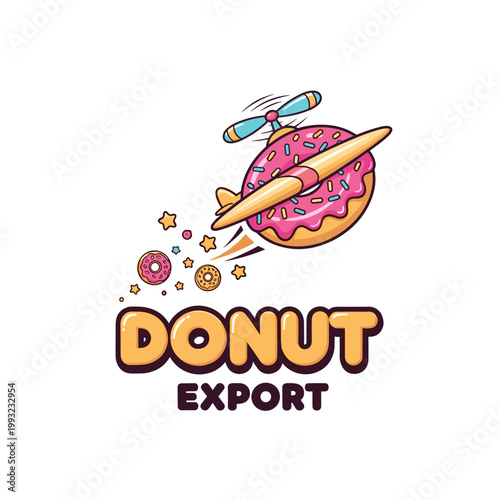 Whimsical cartoon donut shaped airplane flying with a propeller and Donut Export text