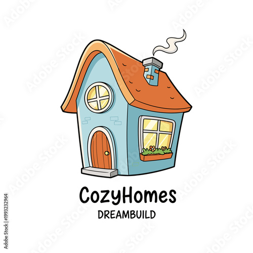 Whimsical cartoon house with a smoking chimney and flower box
