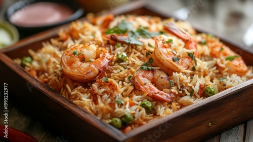 An appetising dish of rice with prawns served in wooden bowls makes a delicious backdrop for food websites or restaurant menus.