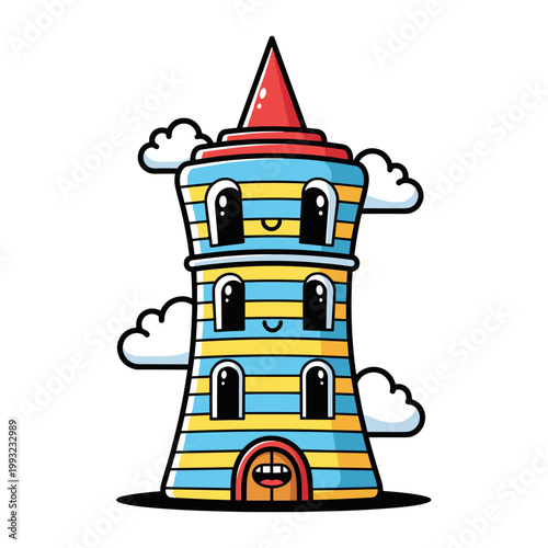 Whimsical cartoon tower character with colorful stripes and a smiling face