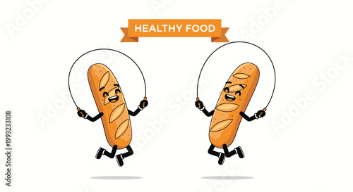 Two energetic baguette characters are jumping rope together under an orange banner that reads healthy food on a white backdrop.