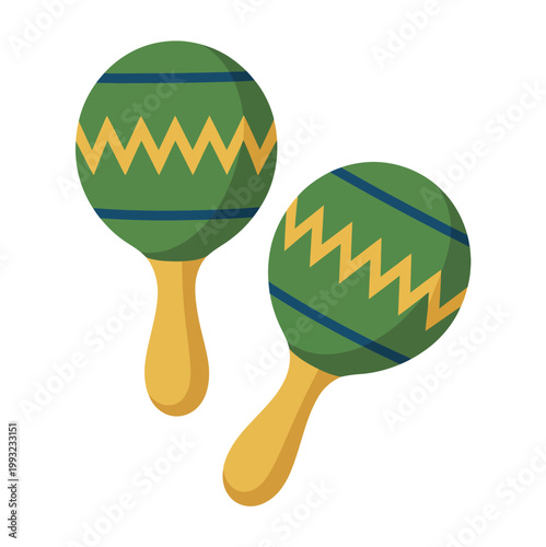 Green and yellow maracas pair musical percussion instrument illustration for fiesta music dance party and rhythm concept vector design