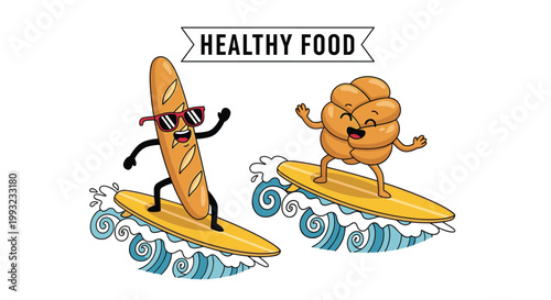 Baguette with sunglasses and a braided bread loaf are surfing on waves under a black banner that says healthy food in white.