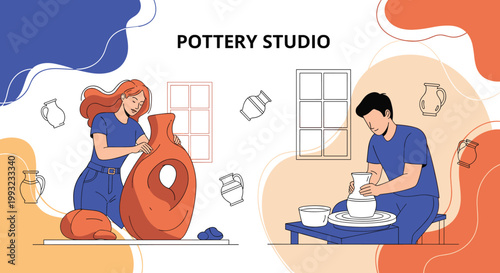 Young woman and man are busy working in a bright pottery studio creating large and small ceramic pieces with various tools.