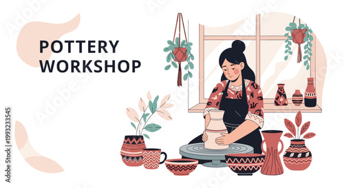 Focused young woman is seen shaping a ceramic vase on a pottery wheel inside a workshop under a pottery workshop title.