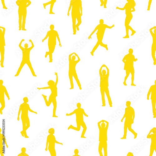 Yellow Silhouettes of People Dancing, Walking, and Exercising on White Background