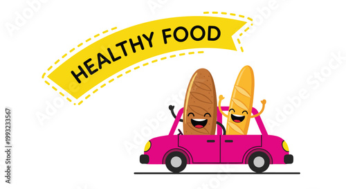 Two cheerful baguette characters are seen driving a pink car together under a large yellow banner that says healthy food.