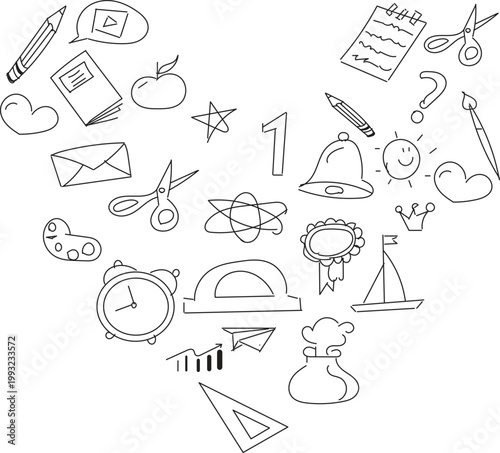 black and white outline illustration featuring a collection of school supplies and educational icons arranged in the shape of a heart. 
