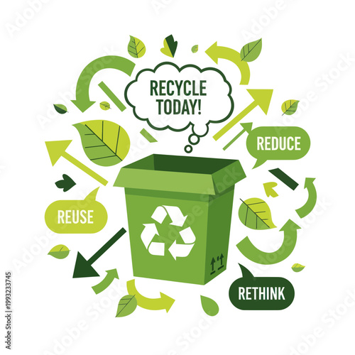 Recycling Bin with Arrows, Leaves, and Reduce, Reuse, Rethink Text - Eco Concept