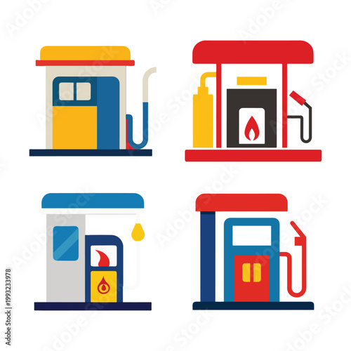 Four colorful flat design gasoline pump icons on white background for fuel station or energy concept  various pump styles and colors  fuel nozzle and tank illustrations