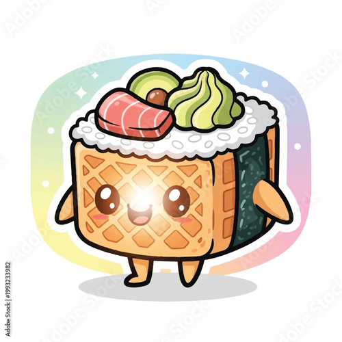 Adorable sushi roll character with glowing face and toppings.