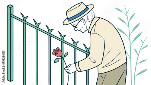 Elderly man attaching red rose to metal fence in flat illustration style, memory and remembrance concept