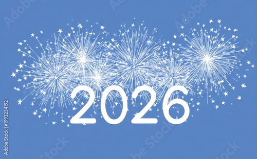 A festive digital illustration for 2026, celebrating the new year with bursts of white fireworks.