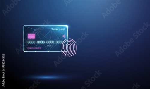 3d bank card with fingerprint symbol Biometric payment authentication, secure transaction authorization, identity verification, fraud prevention, digital banking protection concept