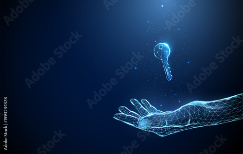 Canvas-taulu 3d blue digital key hovering above open palm