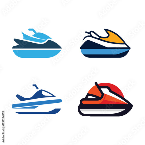 Four colorful jet ski icons in different shades and designs  water sports vehicles
