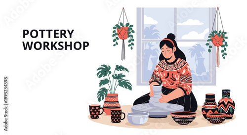Dedicated woman focuses on shaping a new clay pot at her pottery wheel in a bright workshop studio decorated with several hanging plants.
