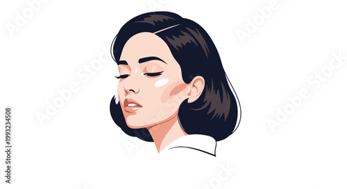 Beautiful young woman with short dark hair and elegant soft makeup looks down peacefully against a clean and minimal white background.