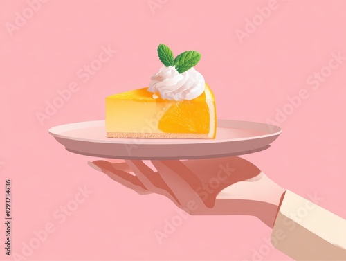 A vibrant slice of orange citrus cake, adorned with whipped cream and mint on a delicate pink plate.