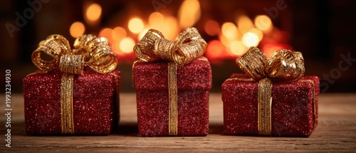 Three red glittering gifts, adorned with golden bows, stand before a blurred, warm fireplace background.