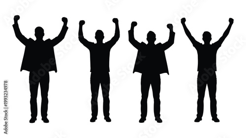 Bilde på lerret Four silhouetted figures with arms raised in a celebratory or victorious pose