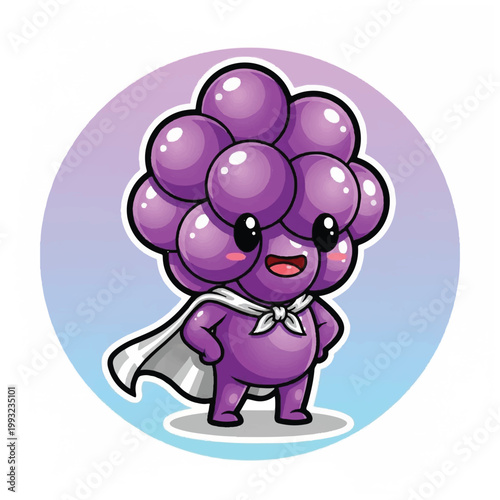 Cute Purple Grape Character with Superhero Cape.