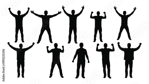 Bilde på lerret Silhouettes of multiple people with arms raised in celebratory gestures high qua