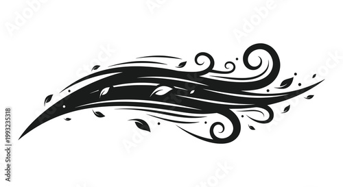 Dynamic swirling wind design with falling leaves a striking black silhouette