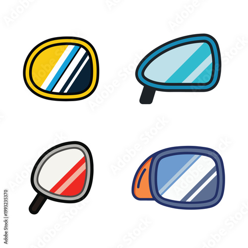 Four colorful vehicle side view mirrors with different colored frames and reflective glass  isolated on white background