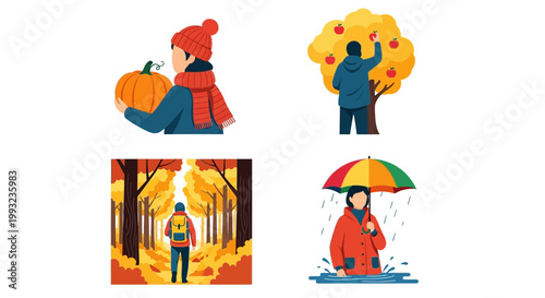Flat design vector illustration of autumn harvest celebration and rainy weather protection lifestyle concepts on a vibrant outdoor setting