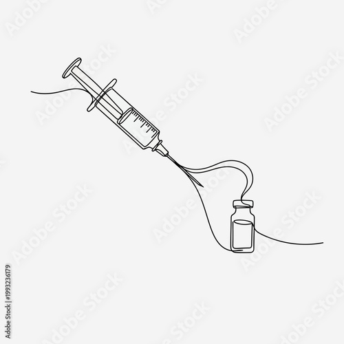 Minimalist Continuous Line Drawing of Syringe Drawing Liquid From Vial