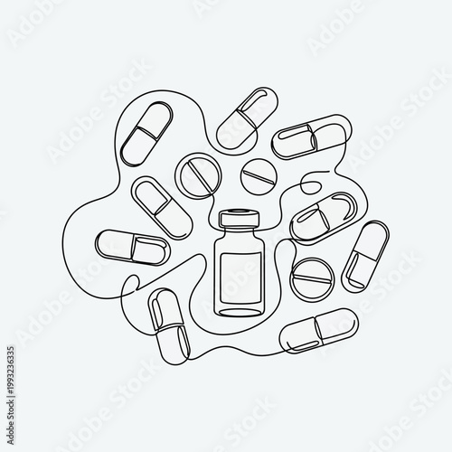 Minimalist Line Art Pharmacy Medicine Pills Capsules Vial Drug Healthcare Concept