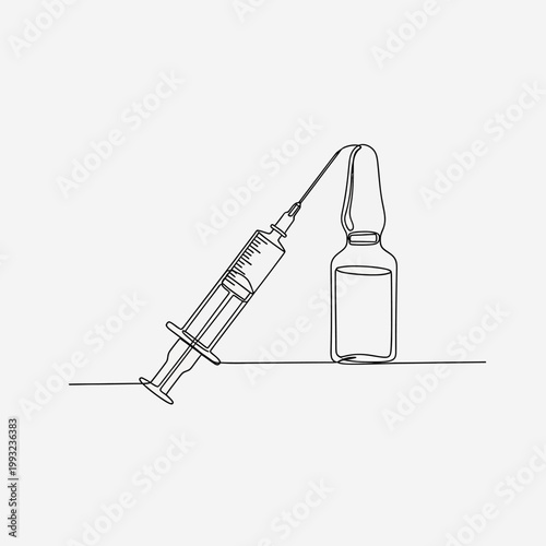 Minimalist Line Art: Syringe and Ampoule, Medical Concept, Single Line Drawing