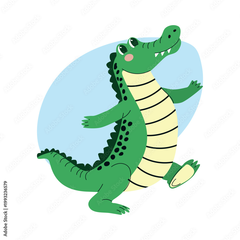 Obraz premium Cartoon illustration of a cheerful green crocodile with a yellow belly and black spots, standing on two legs against a light blue background