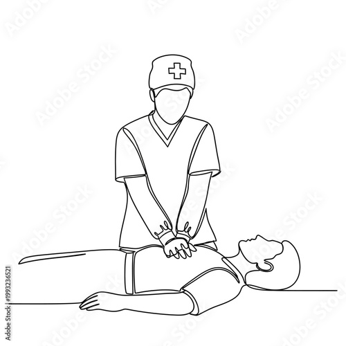 Paramedic performing CPR on unconscious patient, continuous line art illustration