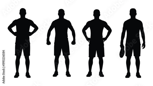 Four silhouetted men stand in a row displaying casual poses with hands on hips